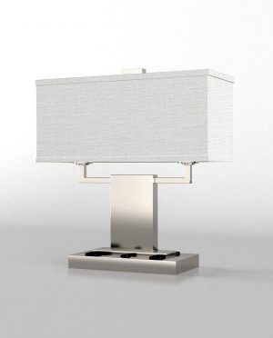 A table lamp with a white shade on a white background.