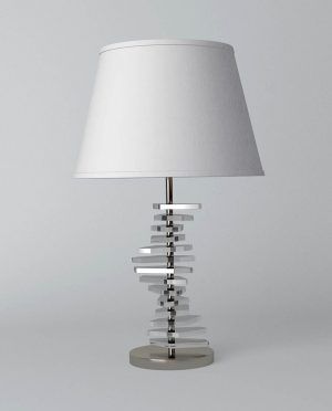 A table lamp with a white shade and a clear glass base.