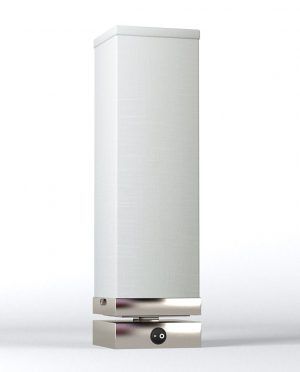A white table lamp with a stainless steel base on a white background.