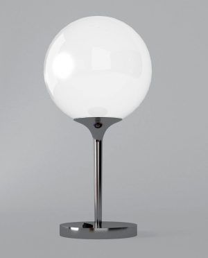 A table lamp with a white glass globe on a chrome base.