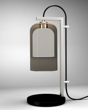 A 3d model of a table lamp with a gray shade and a black base.