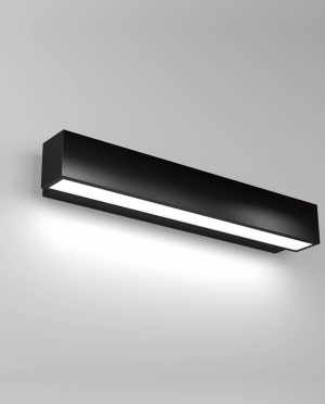 A black wall light with a white light coming out of it.