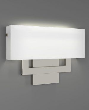A wall light with a white shade is on a gray wall.
