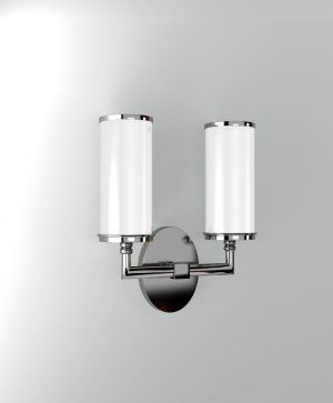A 3d model of a wall light with two white shades.