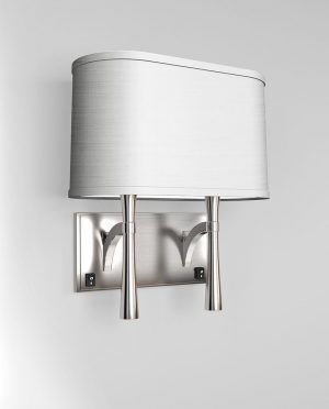A wall light with a white shade on a white wall.