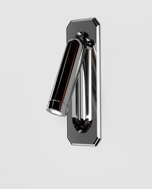 A chrome wall light with a black shade on a white background.