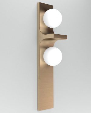 A wall light with two white balls on a white wall.