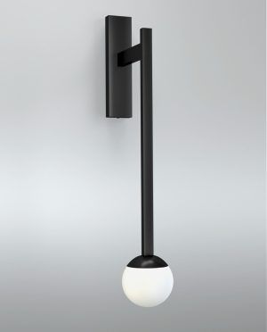 A black wall light with a white glass ball hanging from it.