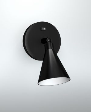 A black wall light with a white shade on a white background.