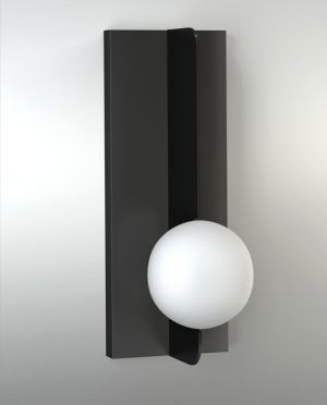 A black wall light with a white glass ball attached to it.