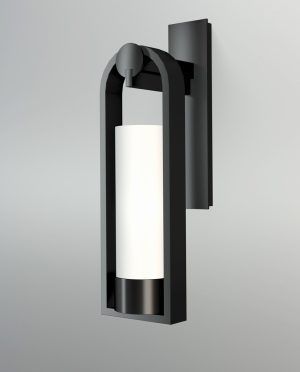 A black wall light with a white cylinder inside of it.