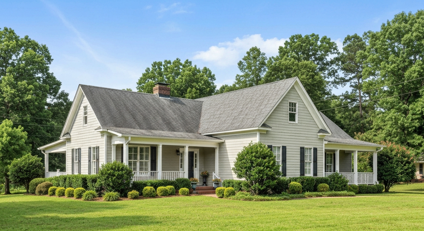 White farmhouse with porch and black shutters, set in a grassy yard under a blue sky.