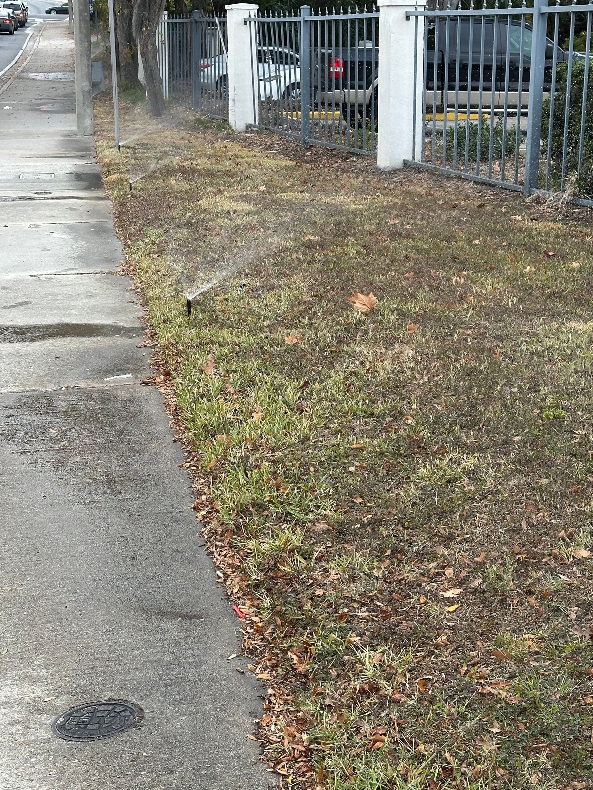 A sidewalk with a fence and grass on the side of it.