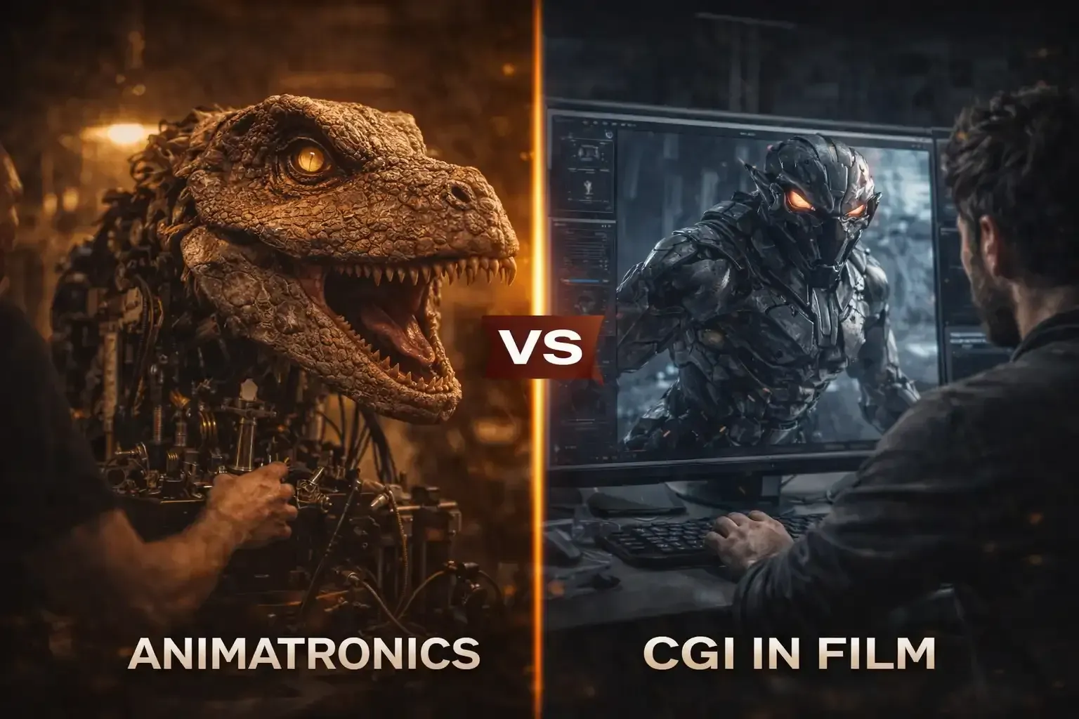 A split-screen comparison: on the left, a mechanical dinosaur model being built; on the right, digital CGI on a screen.