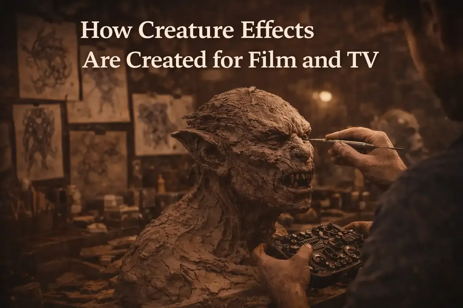 A sculptor works on a detailed clay bust of a creature in a studio filled with character design sketches.