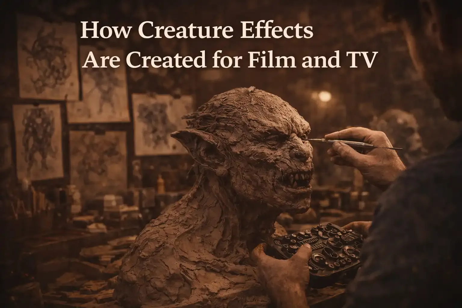 A sculptor detailedly crafts a textured monster bust in a workshop filled with concept sketches; title text overlays.