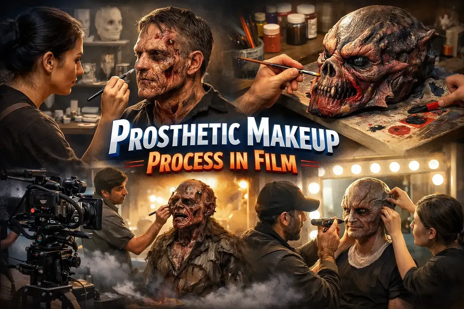 Makeup artists apply detailed prosthetic effects to performers in a film production studio setting.