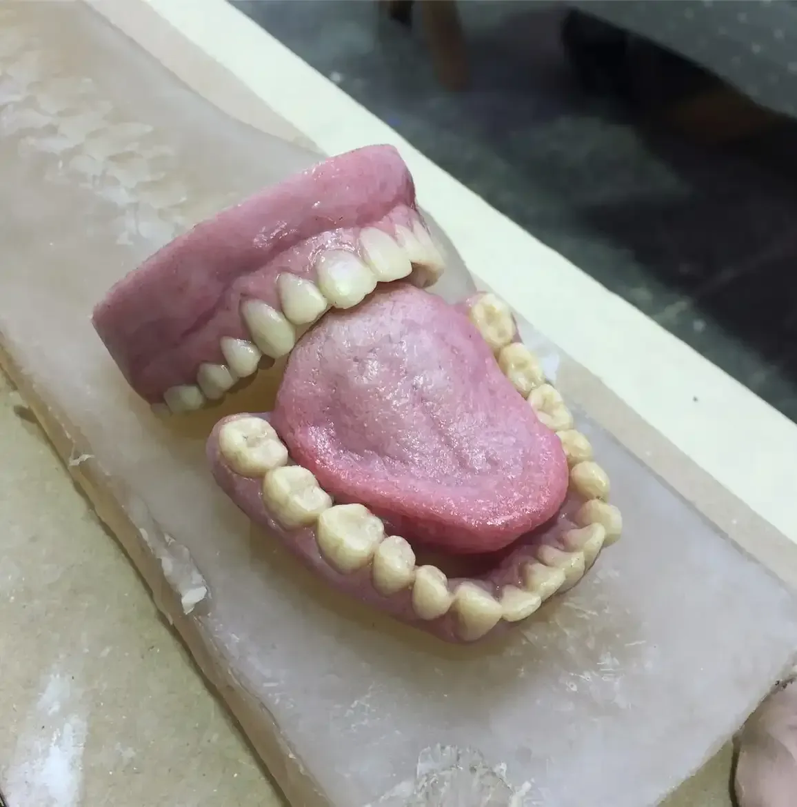 Model of an open mouth with teeth and tongue, set on a beige platform.