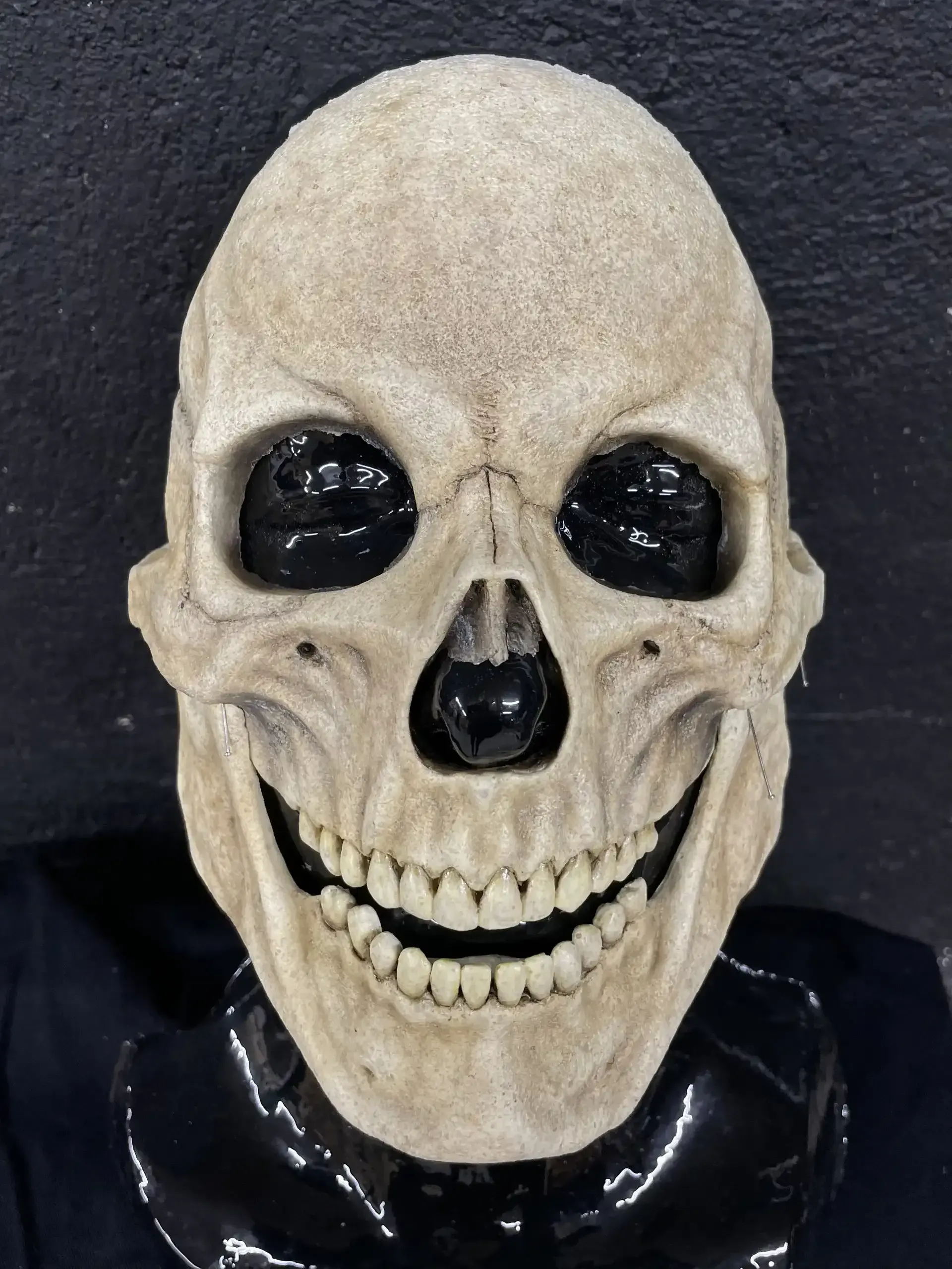 A realistic, beige-colored human skull mask with a wide, toothy grin on a black display stand against a dark background.