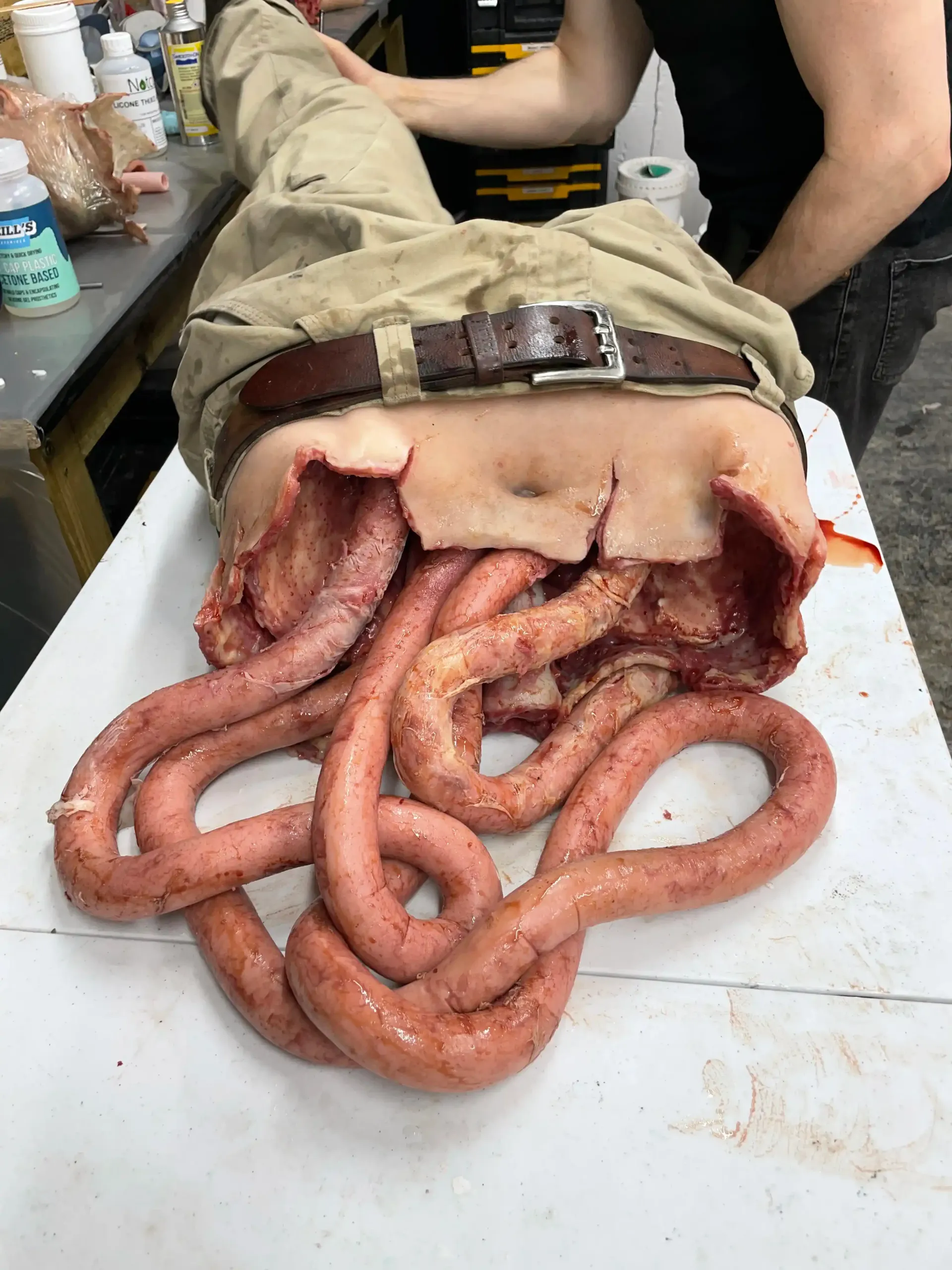 Severed torso prop, intestines spilling out, khaki pants and belt. Someone's arm visible. White table.