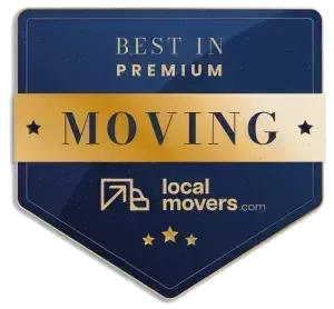 A blue and gold badge that says best in premium moving