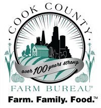 The logo for cook county farm bureau farm family food