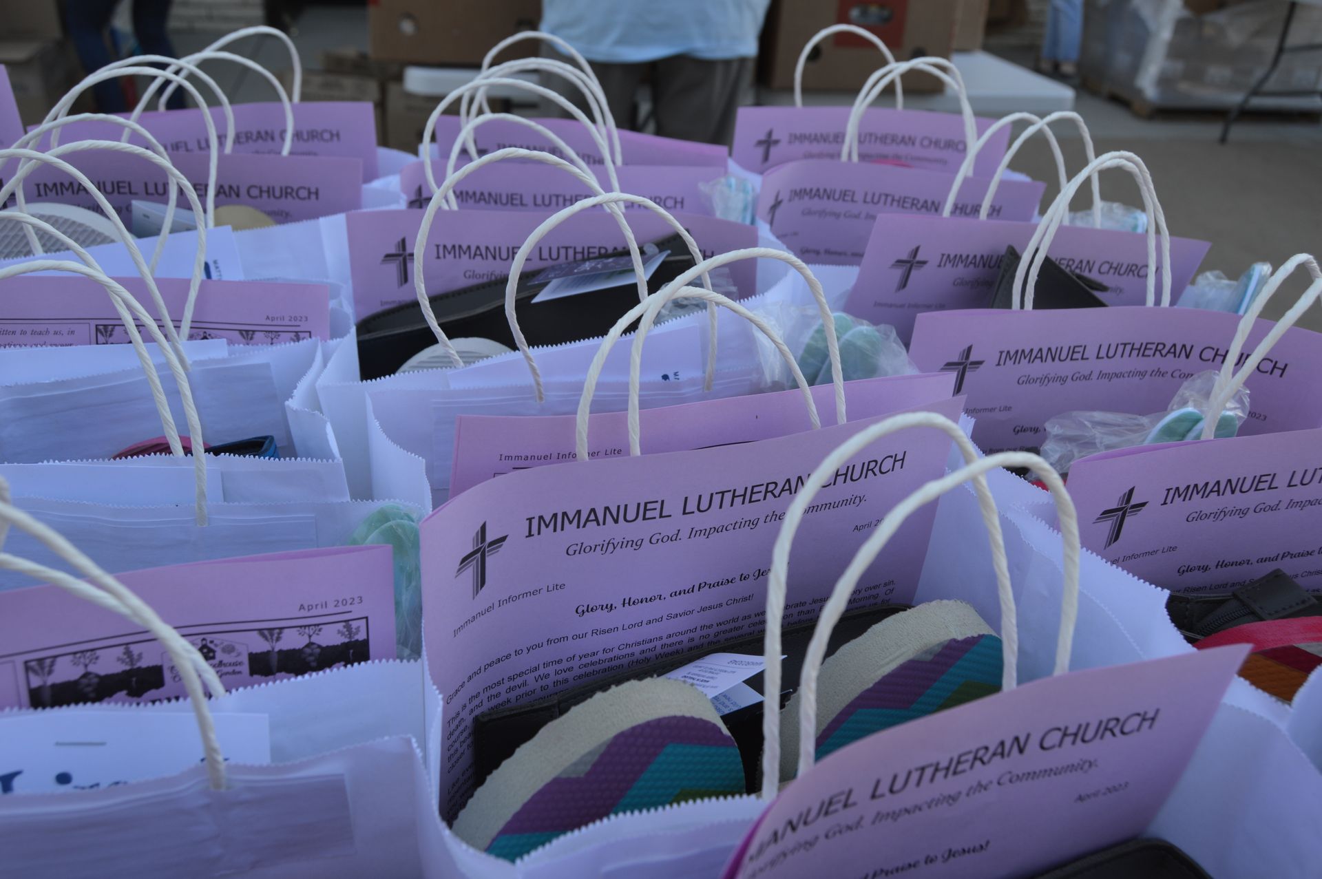 A bunch of  giveaway bags from Immanuel Lutheran Church