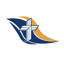 A blue and gold logo with a cross on it.