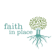 A logo for faith in place with a tree and roots.