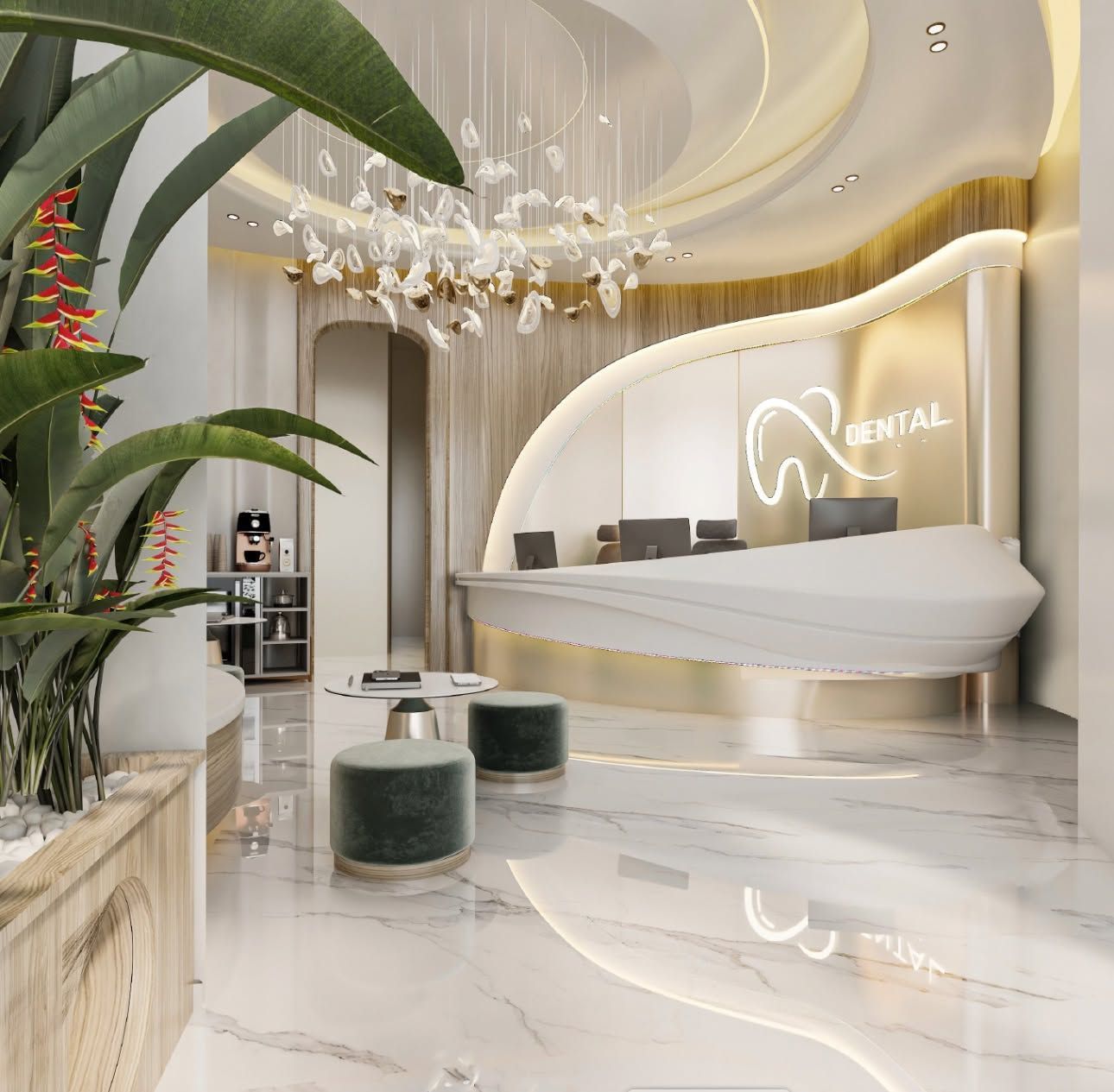 Luminara dental - Modern dental clinic with curved white desk, marble floor, gold accents, and hanging chandelier lighting