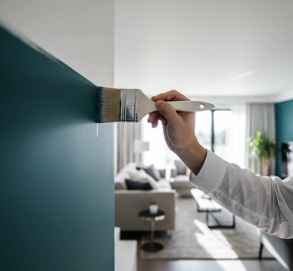 Hand painting a wall teal with a brush, interior living room in background.
