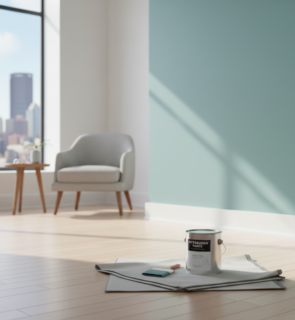 A room with a painted teal wall, a chair, and a can of paint on a drop cloth.