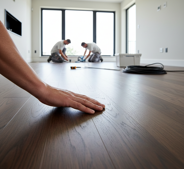 Hand touching newly installed dark wood flooring; two workers installing in background.
