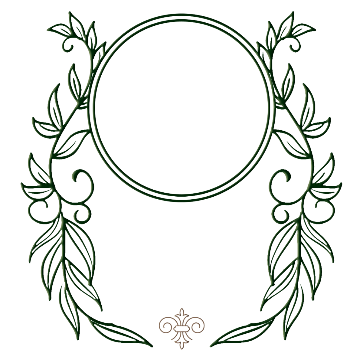 Dark green floral frame with a central circle and decorative elements.