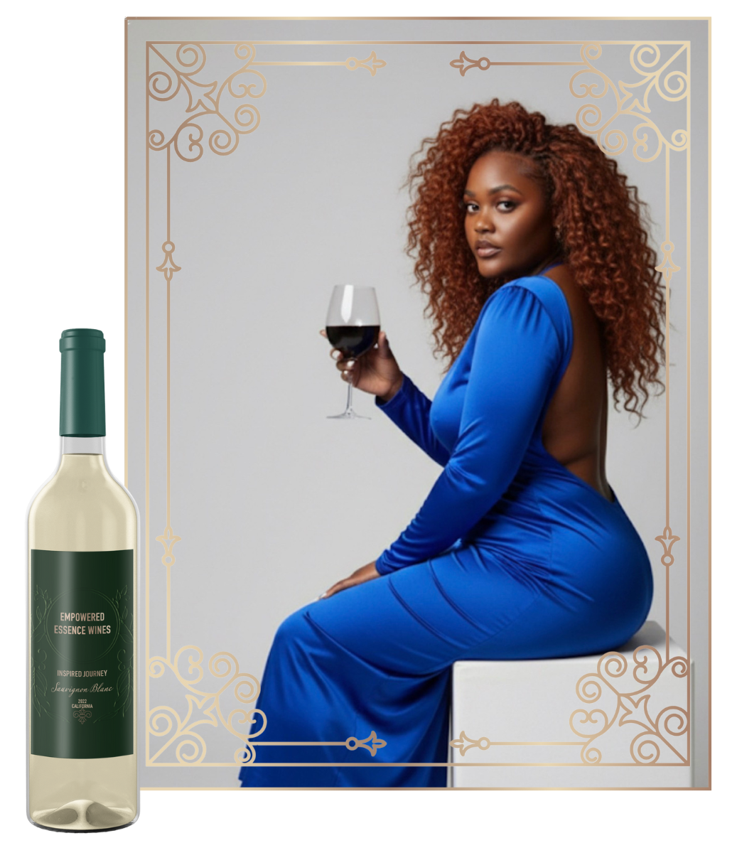 Woman in blue dress holds wine glass, seated in front of a decorative frame. A white wine bottle is to the left.