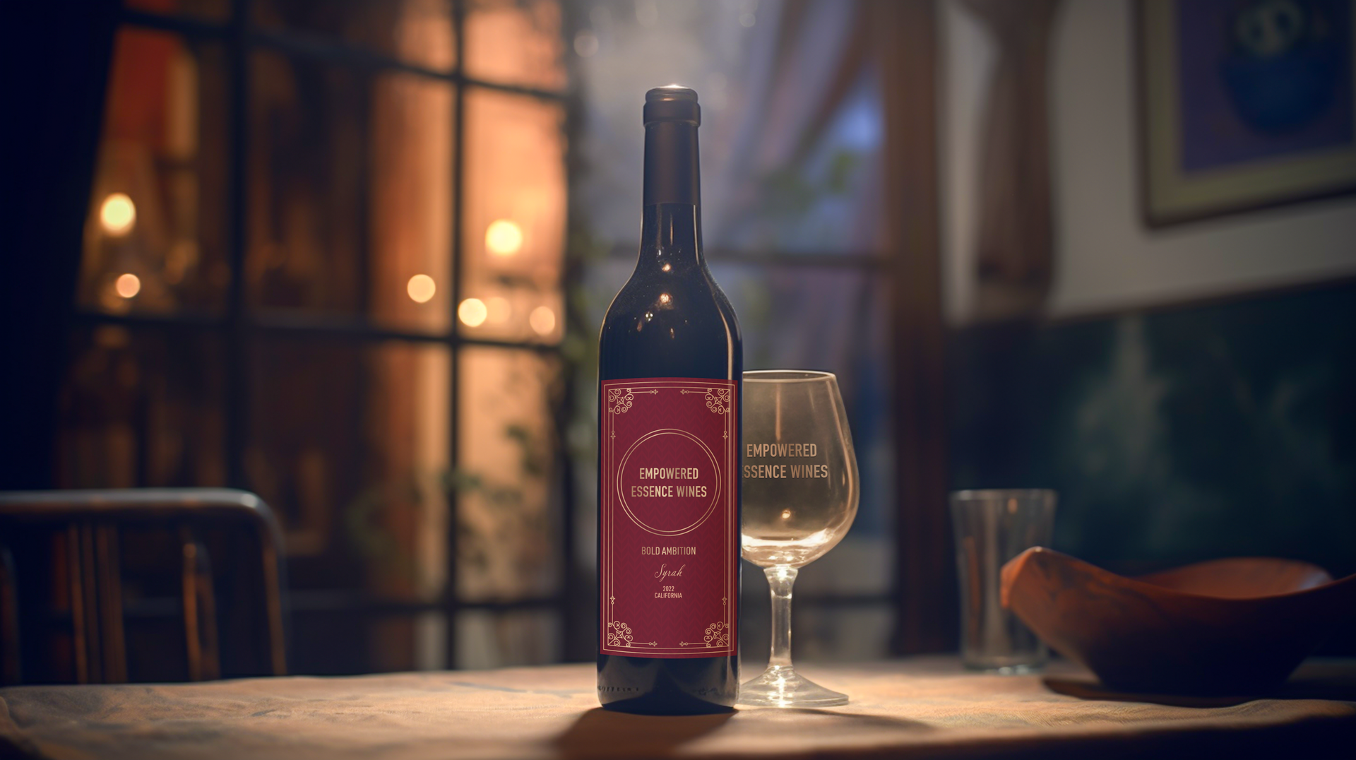 A bottle of red wine and a wine glass on a wooden table in a dimly lit room.