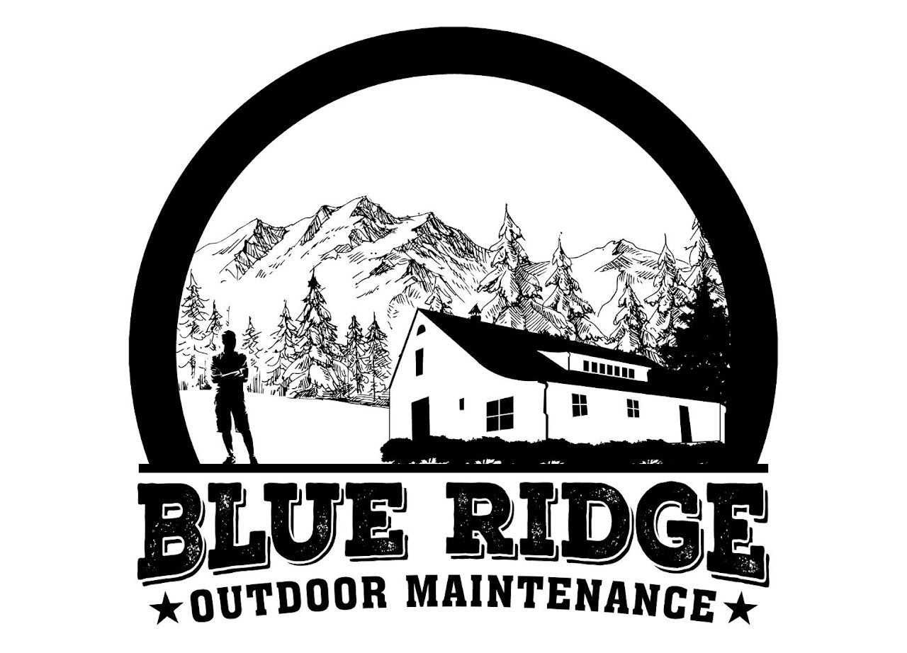 Blue Ridge Outdoor Maintenance logo: Cabin, mountains, trees, silhouette of person, text in an arc.