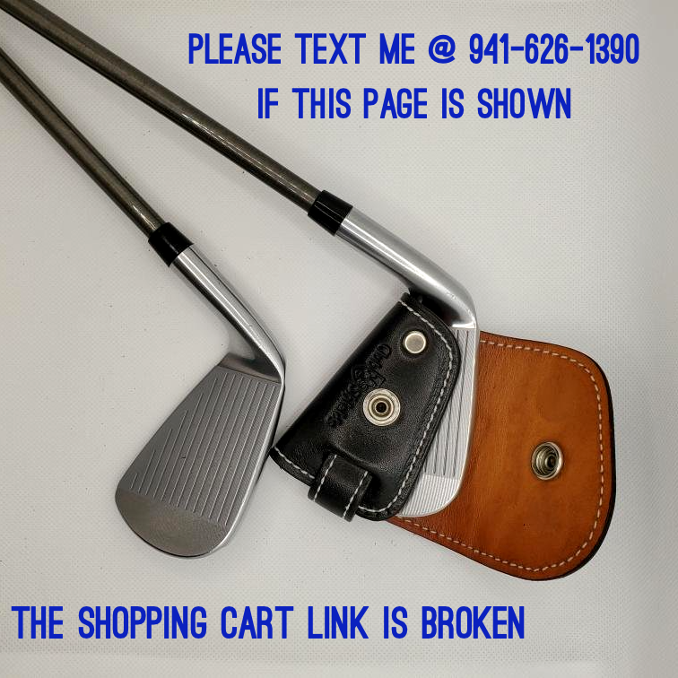 Two golf clubs with a leather cover; text says to text 941-626-1390 if this page is shown.