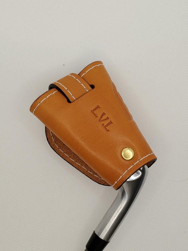 Tan leather golf club head cover with initials 