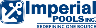 A blue and white logo for imperial pools inc.