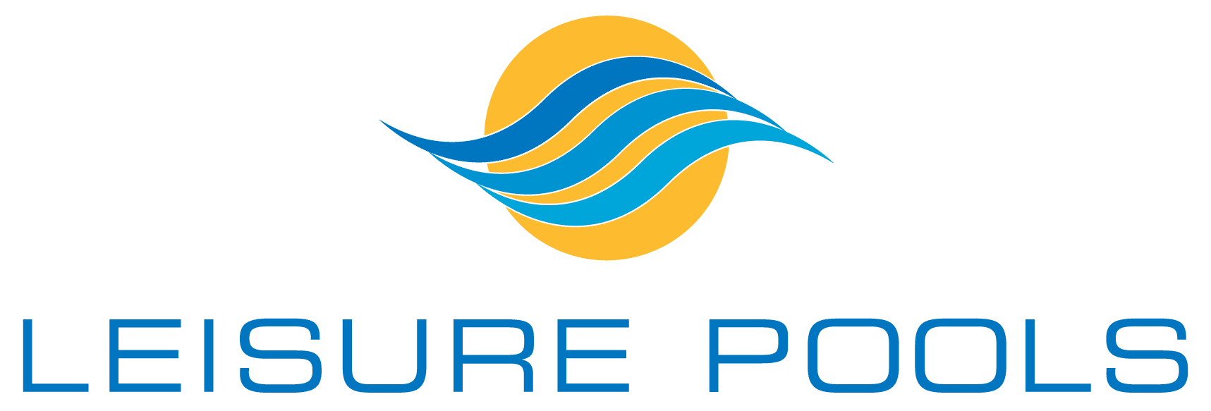 A logo for leisure pools with a sun and waves