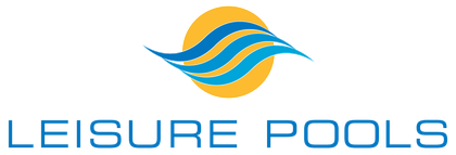 A logo for leisure pools with a sun and waves