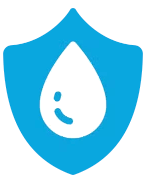 A blue shield with a drop of water inside of it.