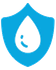 A blue shield with a drop of water inside of it.