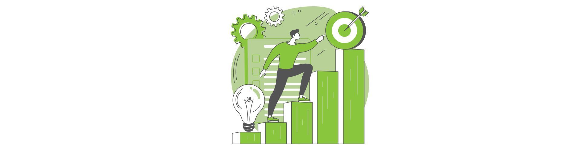 Un dessin animé d'un homme debout au sommet d'un graphique à barres vert.