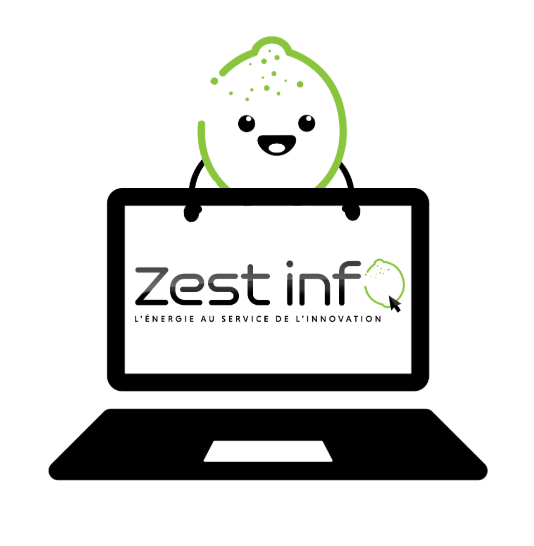Un ordinateur portable avec un logo Zest Info dessus