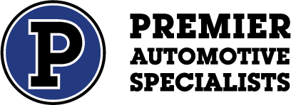 Logo featuring a blue circle with a large black letter "P" followed by the black text "PREMIER AUTOMOTIVE SPECIALISTS."