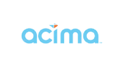Acima logo in light blue lowercase letters with an orange triangle accent above the “i”