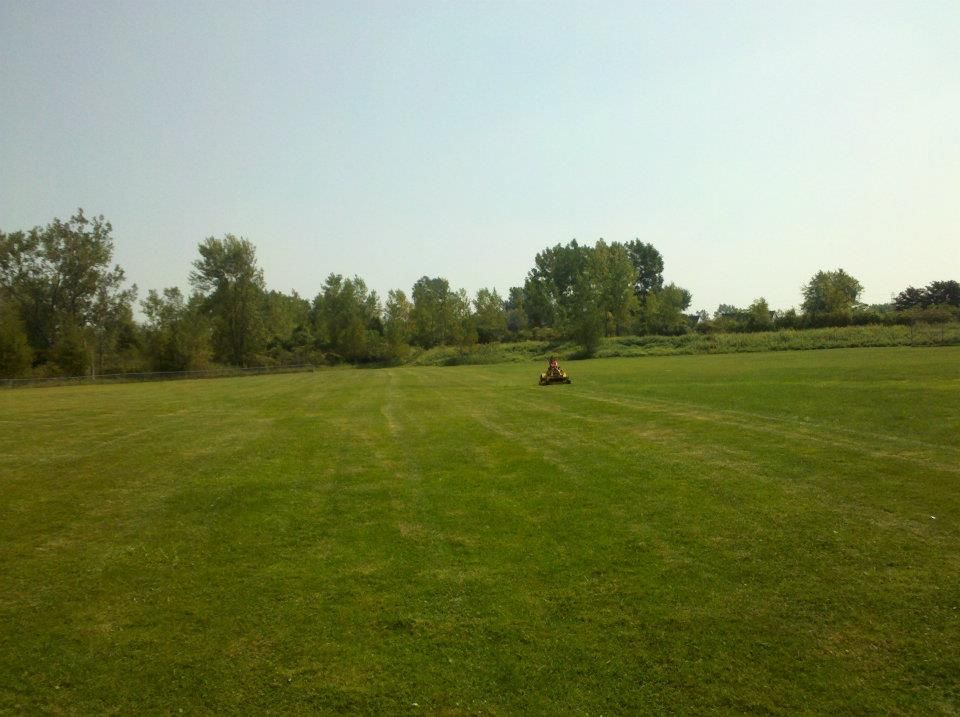 Wide grassy field with trees in the distance and a small person on a mower near center