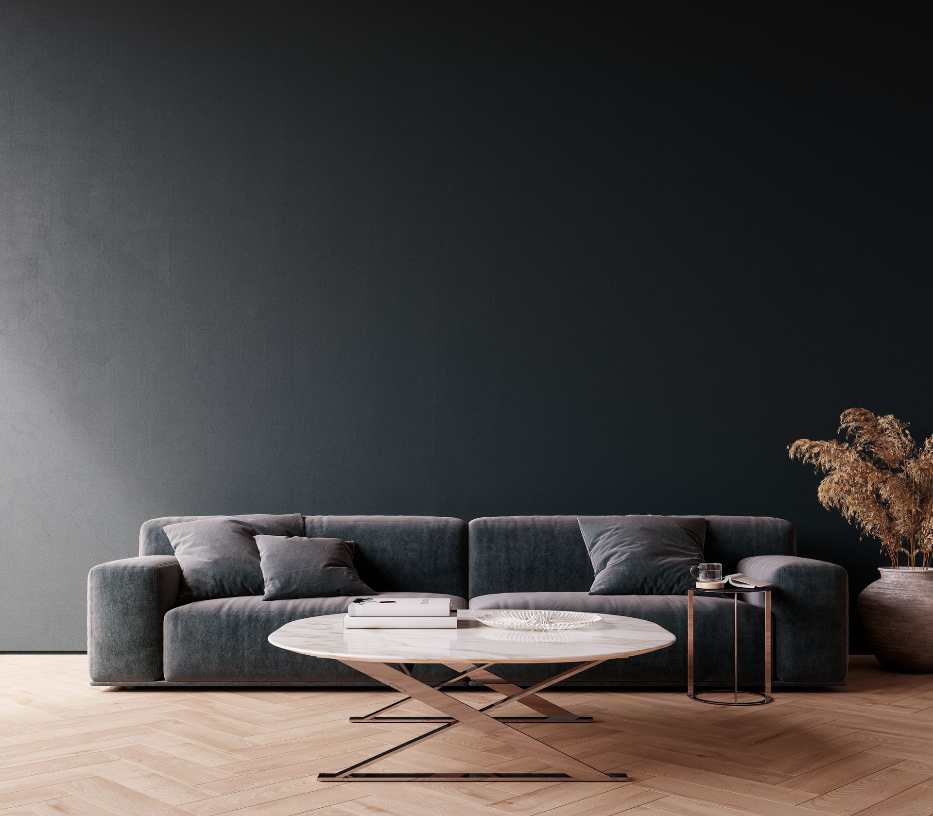 A modern living room interior with a black-painted wall